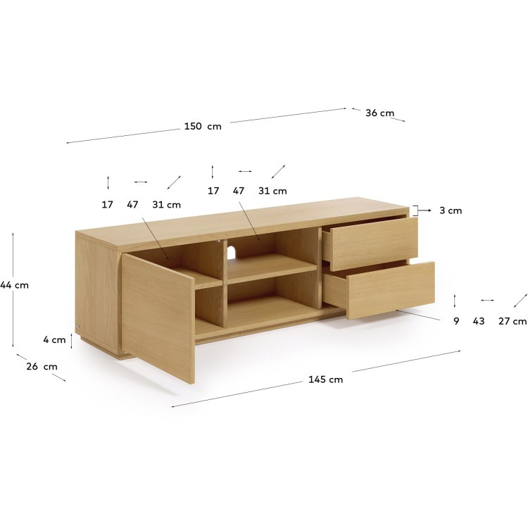 Abilen Тумба под TV с одной дверцей из шпона дуба с 2 ящиками 150 x 43,6 см