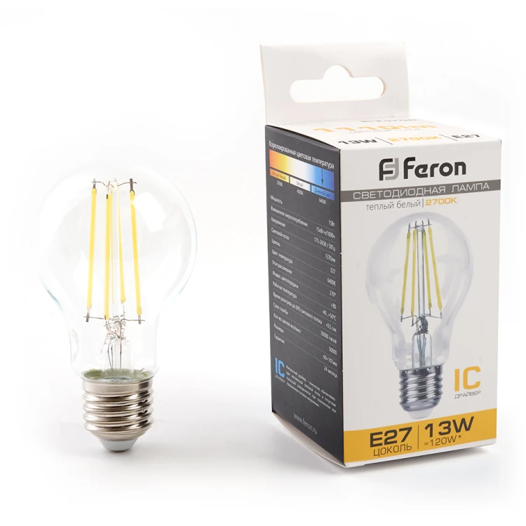 Лампа светодиодная филаментная Feron E27 13W 2700K груша прозрачная LB-613 38239